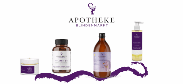 Darstellung von 4 Apotheken Eigenmarken Produkten mit einer Unterstreichung in lila
